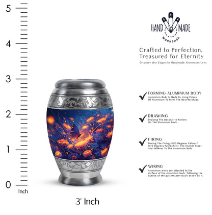 Sky Blue Butterfly Cremation Urn lifestyle display on memorial shelf - regal butterfly design with crown-inspired accents - mini keepsake memorial for portion of cremation ashes