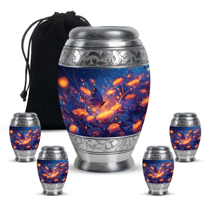 Cobalt Blue Butterfly Cremation Urn detail view - majestic butterfly pattern with filigree border - memorial set with one large and four small urns