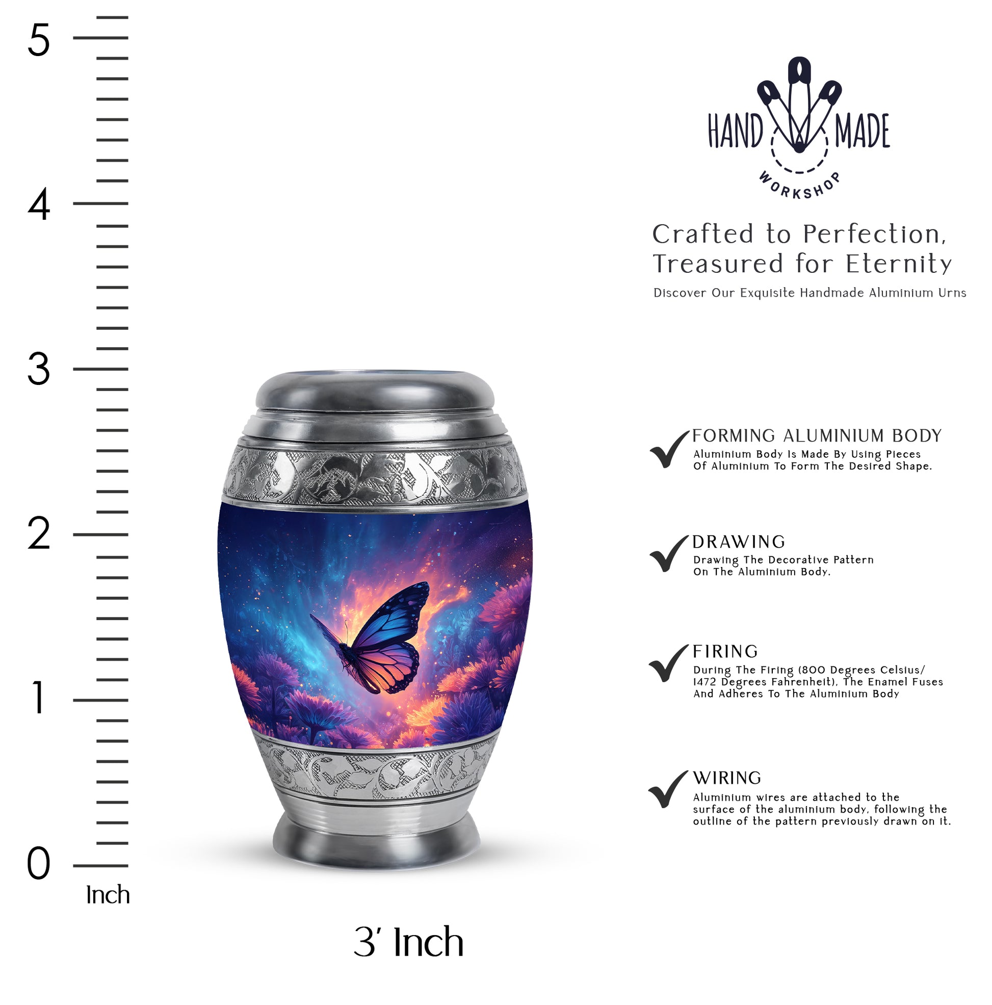 Sky Blue Butterfly Cremation Urn lifestyle display on memorial shelf - ornate monarch-style butterfly relief on brushed aluminum - mini keepsake memorial for portion of cremation ashes