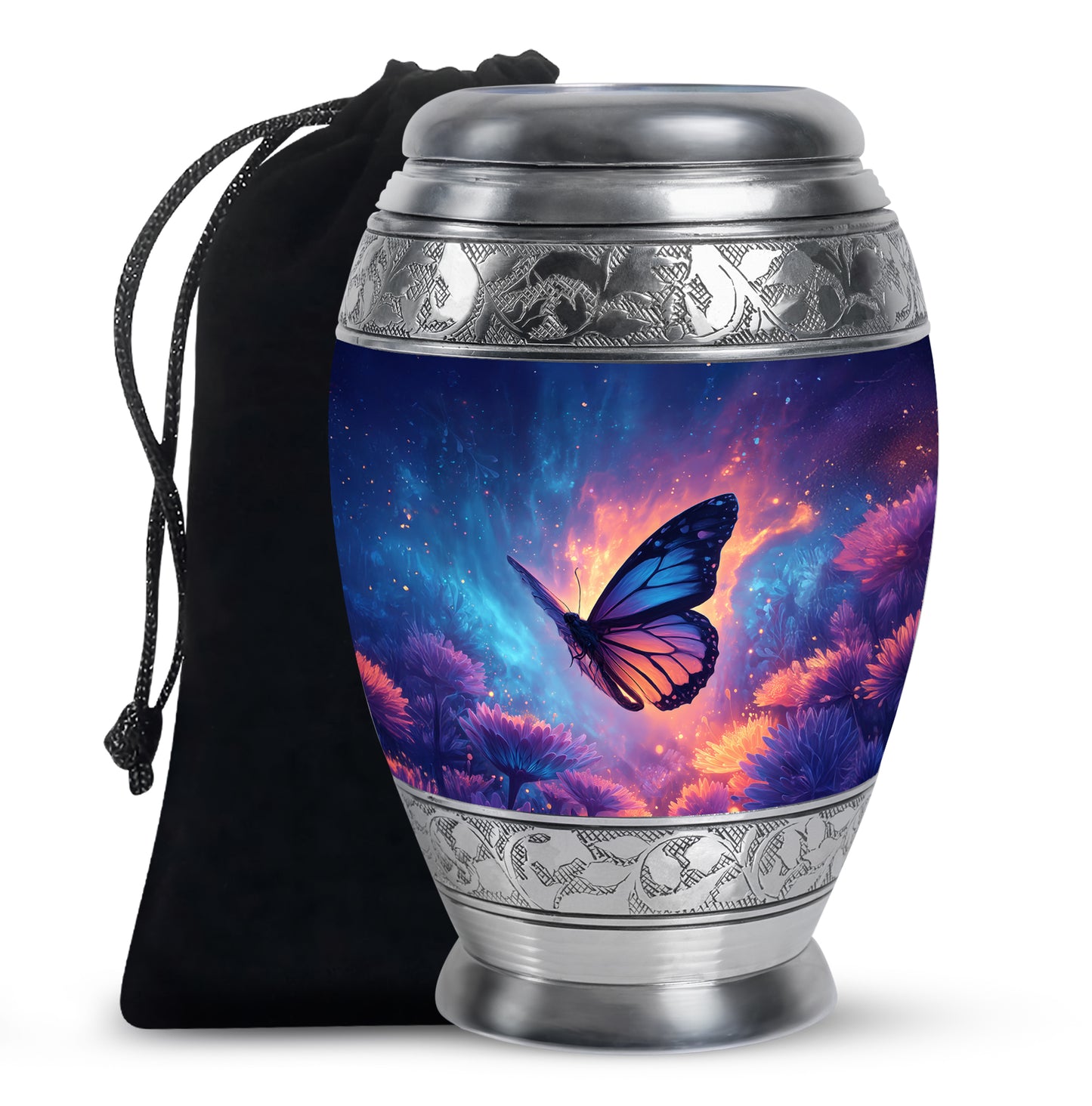 Navy Blue Butterfly Cremation Urn back view with polished surface - ornate monarch-style butterfly relief on brushed aluminum - full-size 10 inch 200 cubic inch adult cremation urn