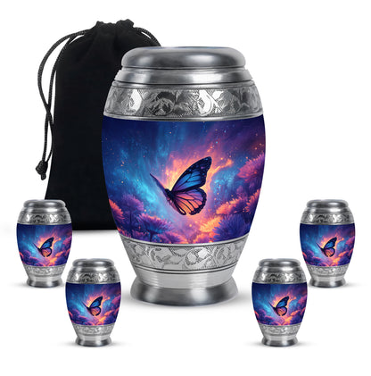 Slate Blue Butterfly Cremation Urn detail view - regal butterfly design with crown-inspired accents - memorial set with one large and four small urns