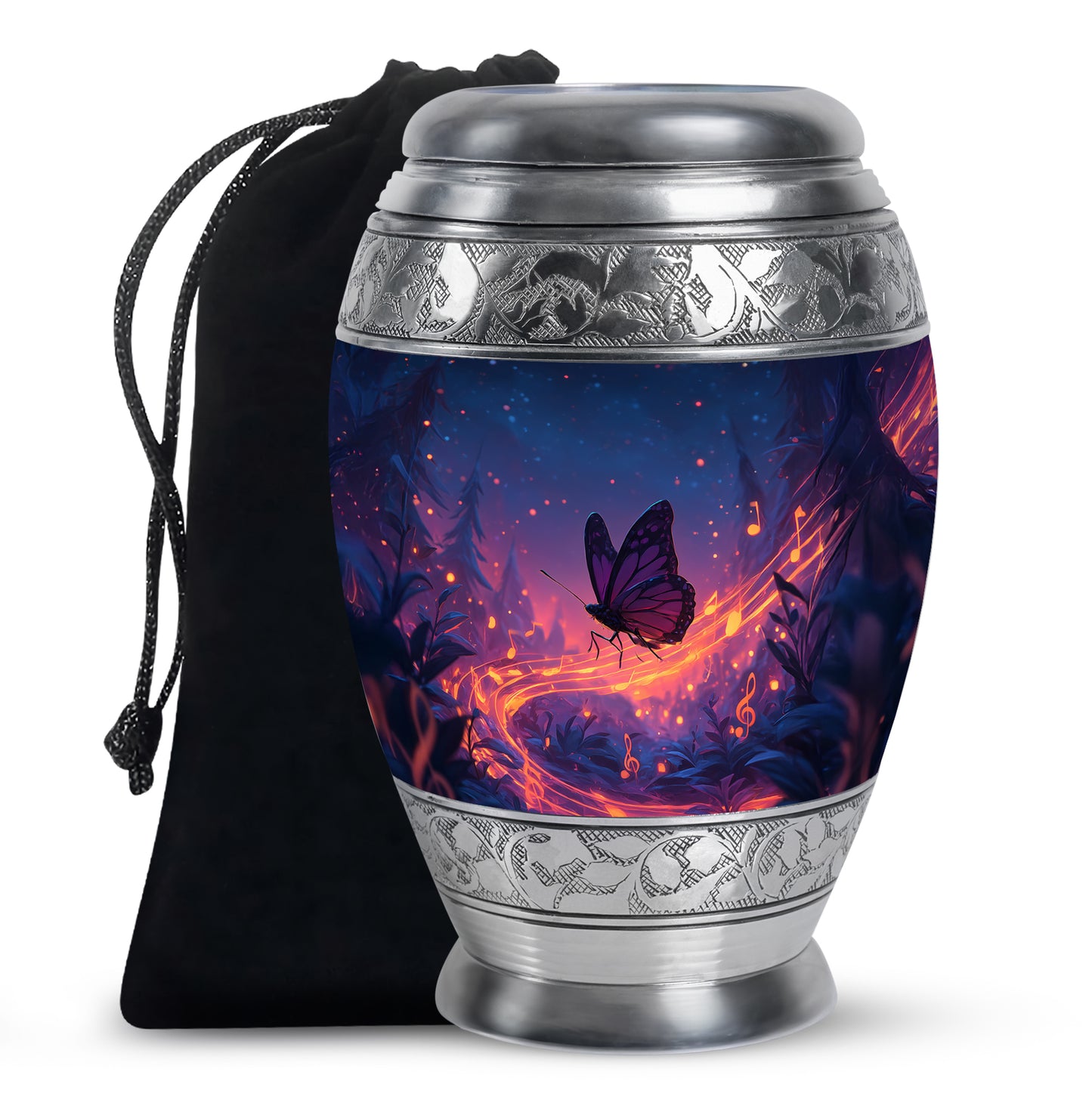 Steel Blue Butterfly Cremation Urn back view with polished surface - royal butterfly engraving with decorative scrollwork - full-size 10 inch 200 cubic inch adult cremation urn