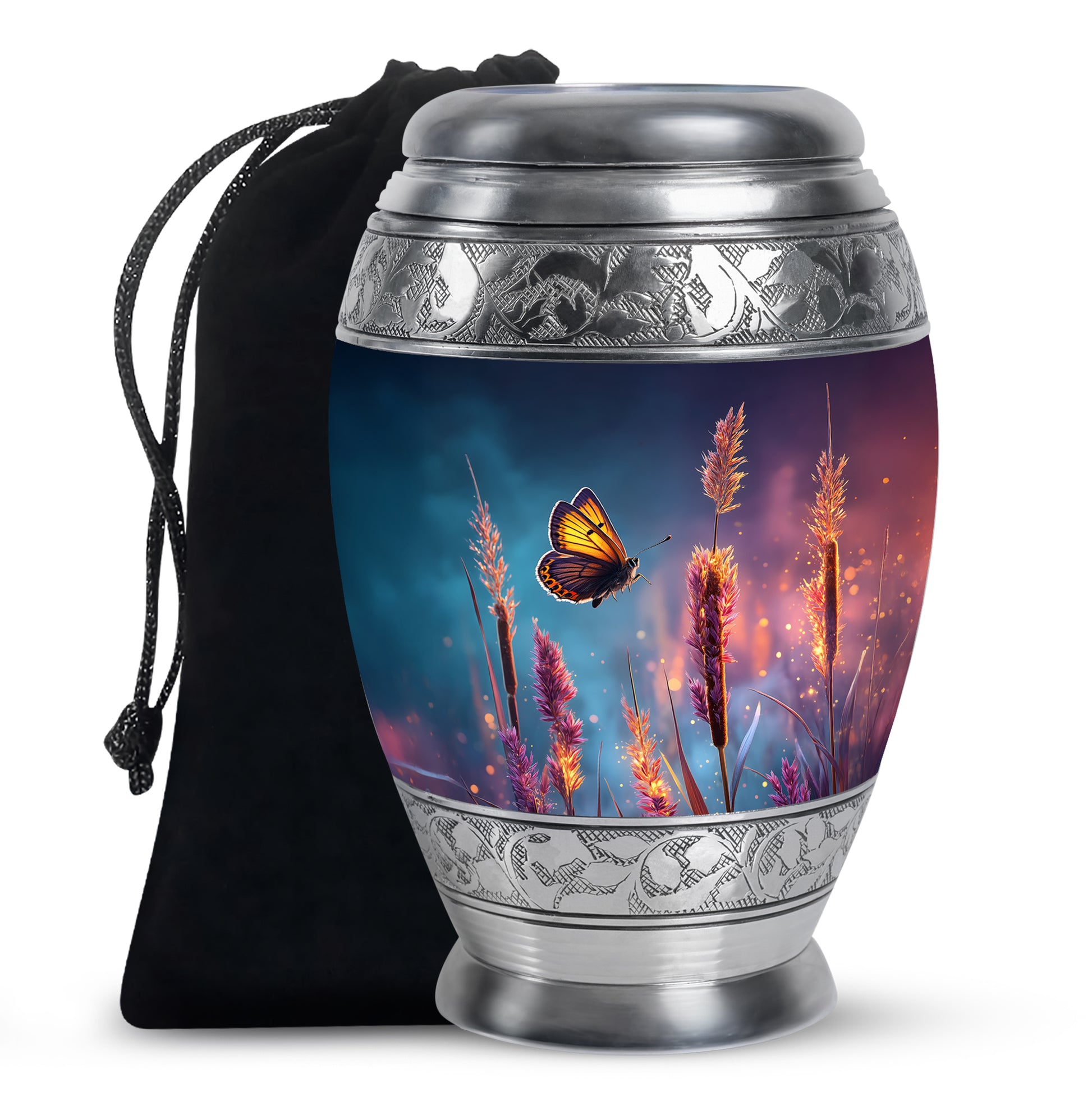 Dusty Blue Butterfly Cremation Urn back view with polished surface - regal butterfly design with crown-inspired accents - full-size 10 inch 200 cubic inch adult cremation urn
