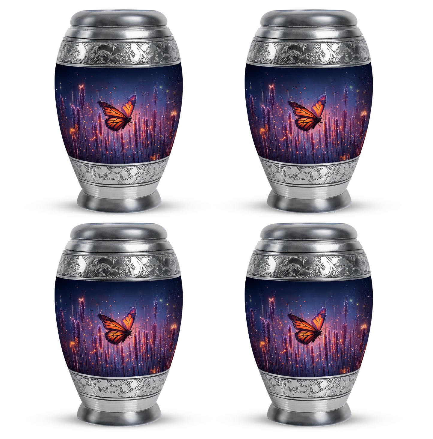 Sapphire Blue Butterfly Cremation Urn urn with complimentary velvet bag - majestic butterfly pattern with filigree border - 10 inch aluminum urn for cremated remains