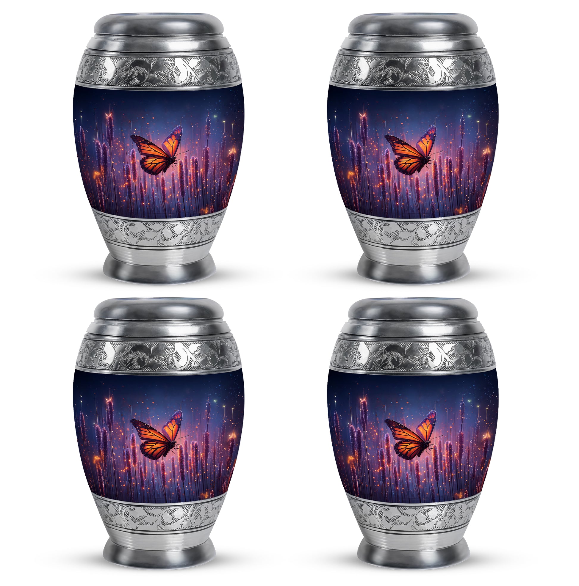 Sapphire Blue Butterfly Cremation Urn urn with complimentary velvet bag - majestic butterfly pattern with filigree border - 10 inch aluminum urn for cremated remains