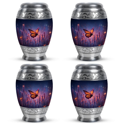 Sapphire Blue Butterfly Cremation Urn urn with complimentary velvet bag - majestic butterfly pattern with filigree border - 10 inch aluminum urn for cremated remains