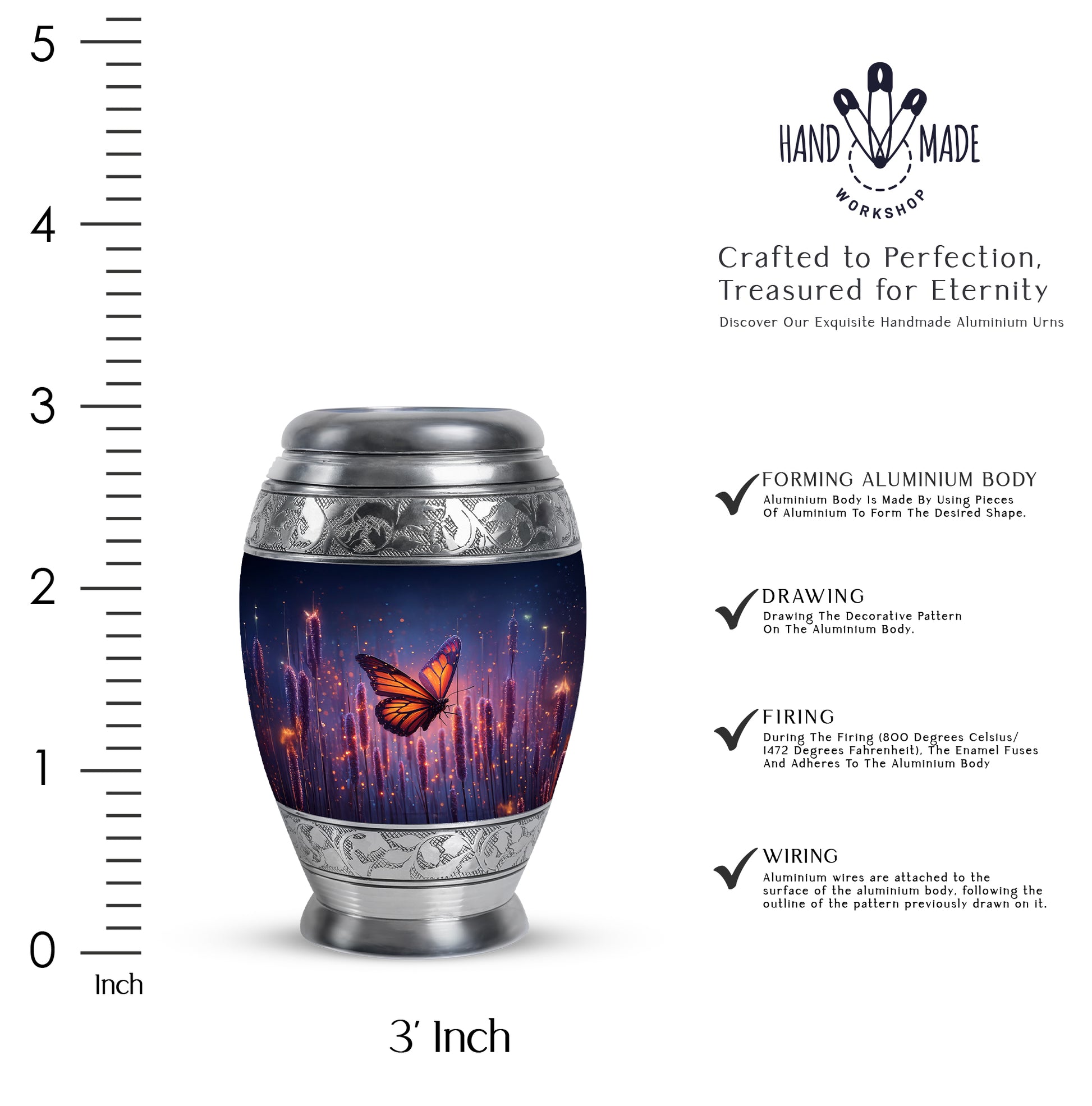 Twilight Blue Butterfly Cremation Urn lifestyle display on memorial shelf - majestic butterfly pattern with filigree border - mini keepsake memorial for portion of cremation ashes