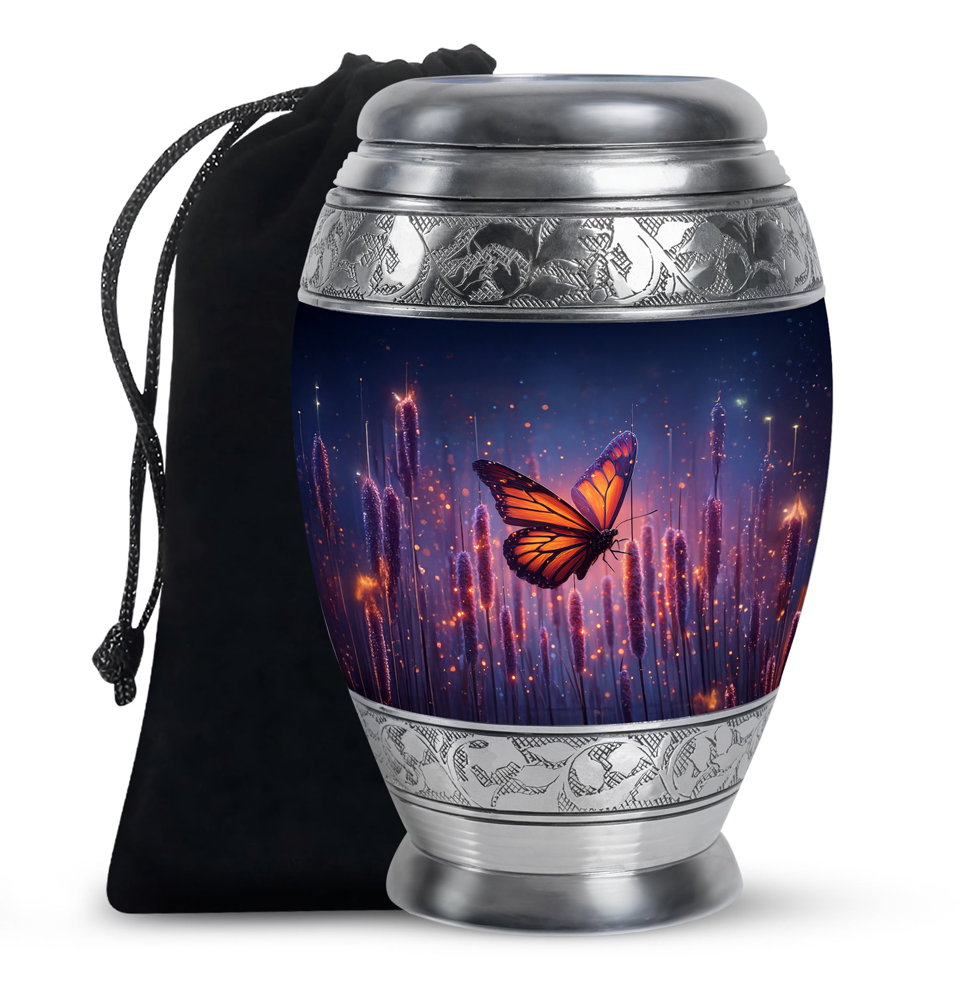 Celestial Blue Butterfly Cremation Urn back view with polished surface - ornate monarch-style butterfly relief on brushed aluminum - full-size 10 inch 200 cubic inch adult cremation urn