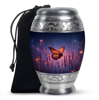Celestial Blue Butterfly Cremation Urn back view with polished surface - ornate monarch-style butterfly relief on brushed aluminum - full-size 10 inch 200 cubic inch adult cremation urn
