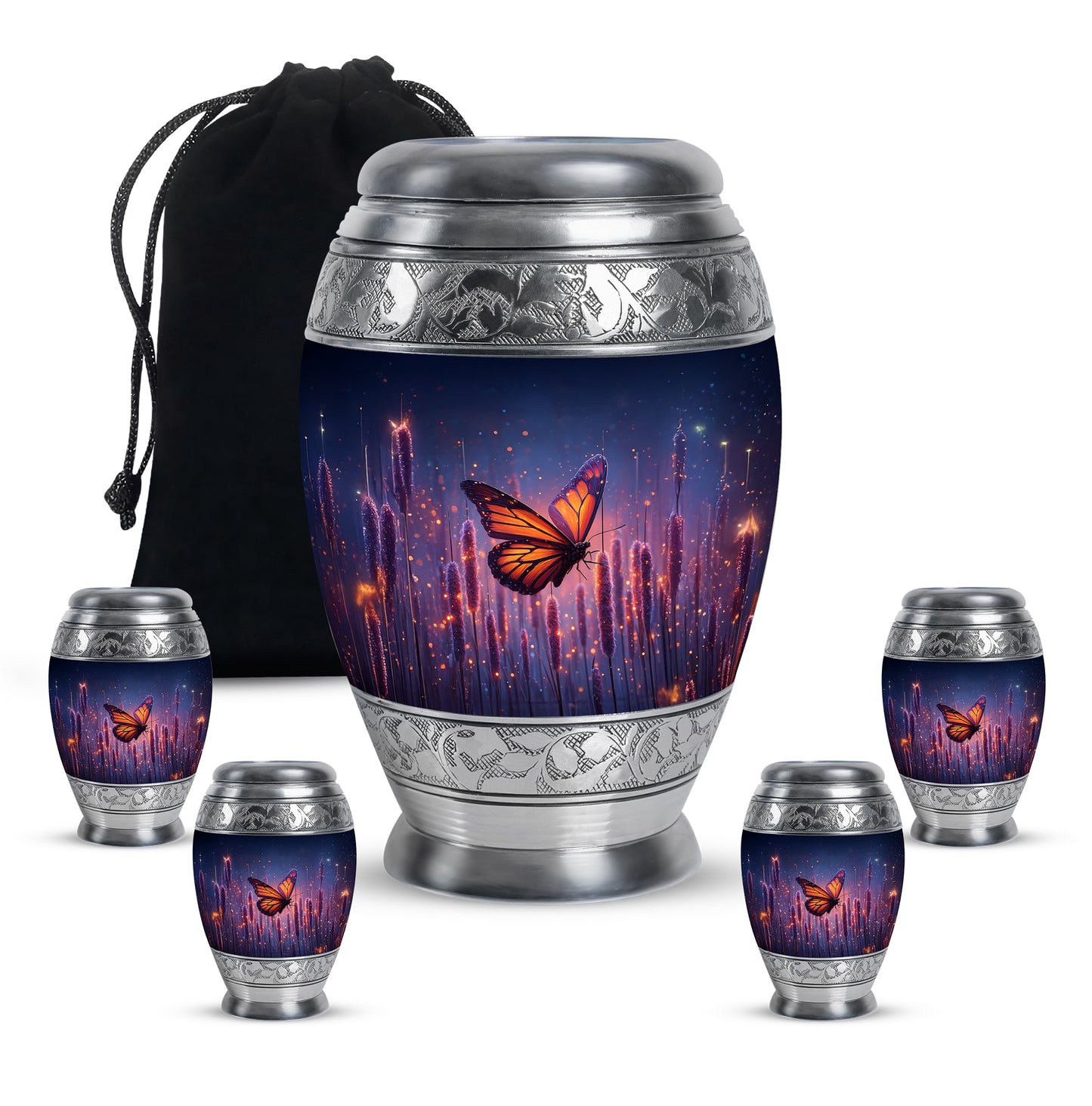 Royal Blue Butterfly Cremation Urn detail view - majestic butterfly pattern with filigree border - memorial set with one large and four small urns