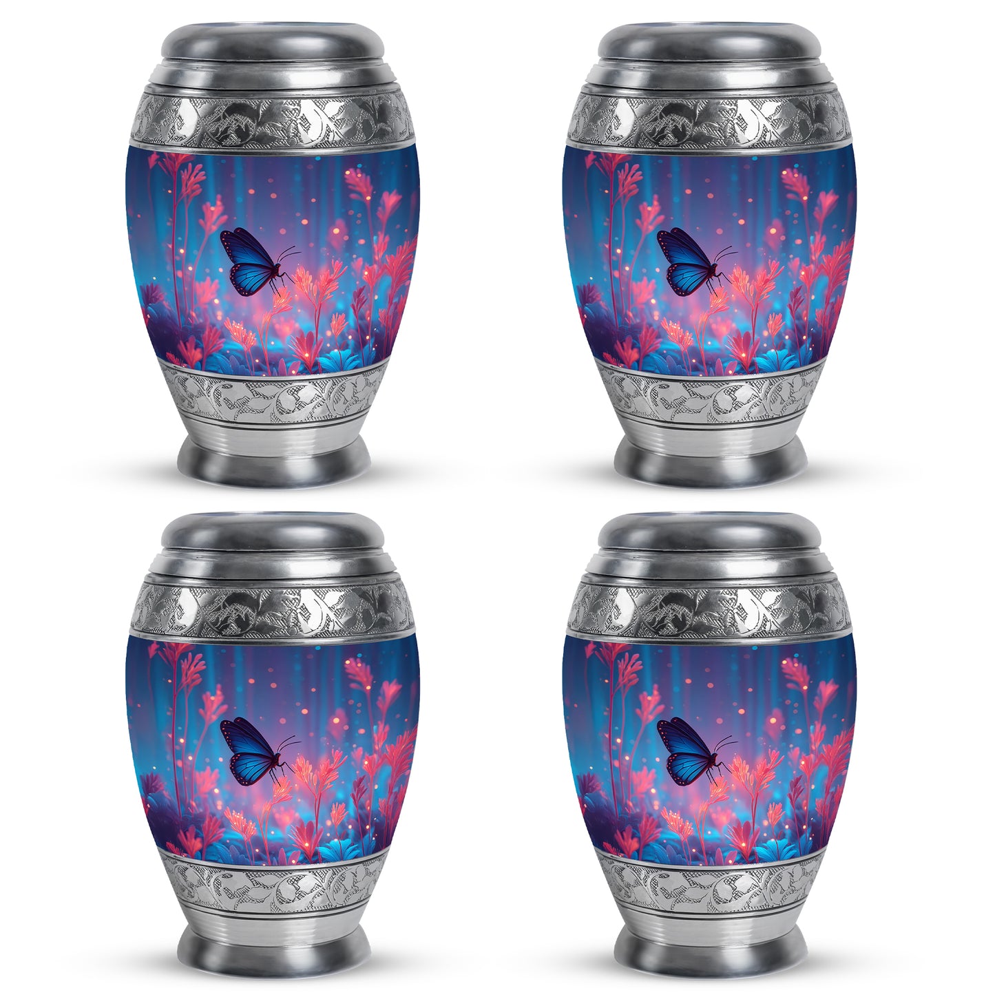 Calming Blue Butterfly Cremation Urn urn with complimentary velvet bag - royal butterfly engraving with decorative scrollwork - 10 inch aluminum urn for cremated remains