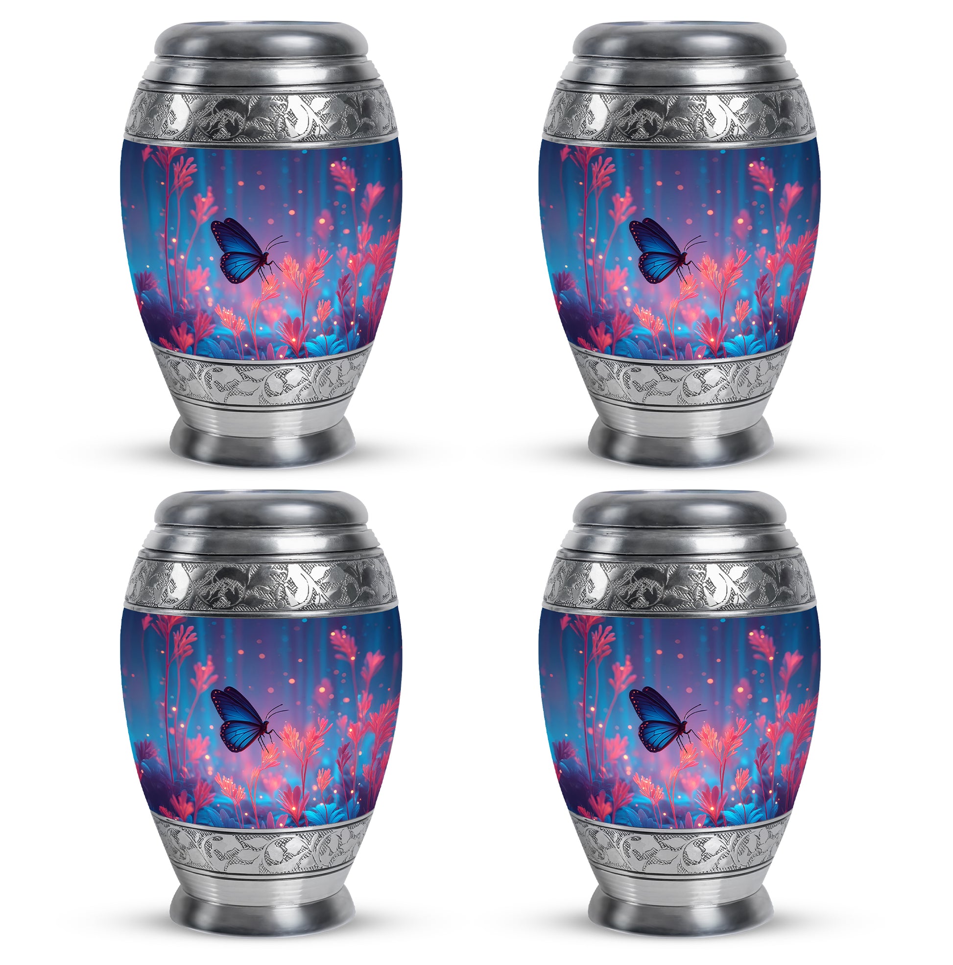 Calming Blue Butterfly Cremation Urn urn with complimentary velvet bag - royal butterfly engraving with decorative scrollwork - 10 inch aluminum urn for cremated remains