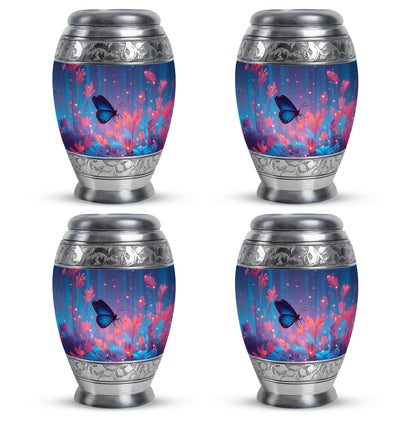 Calming Blue Butterfly Cremation Urn urn with complimentary velvet bag - royal butterfly engraving with decorative scrollwork - 10 inch aluminum urn for cremated remains