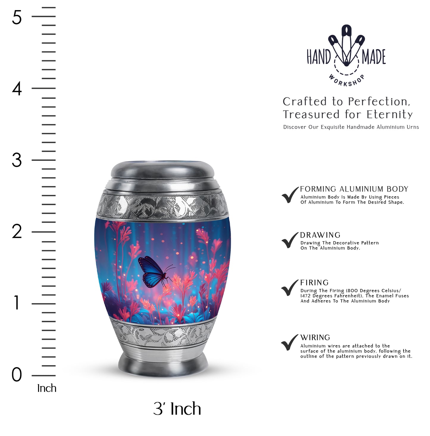 Slate Blue Butterfly Cremation Urn lifestyle display on memorial shelf - regal butterfly design with crown-inspired accents - mini keepsake memorial for portion of cremation ashes