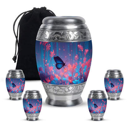 Royal Blue Butterfly Cremation Urn detail view - majestic butterfly pattern with filigree border - memorial set with one large and four small urns