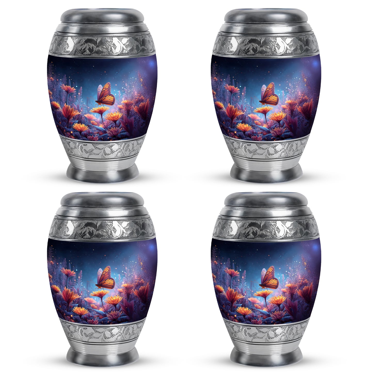 Bright Blue Butterfly Cremation Urn urn with complimentary velvet bag - majestic butterfly pattern with filigree border - 10 inch aluminum urn for cremated remains