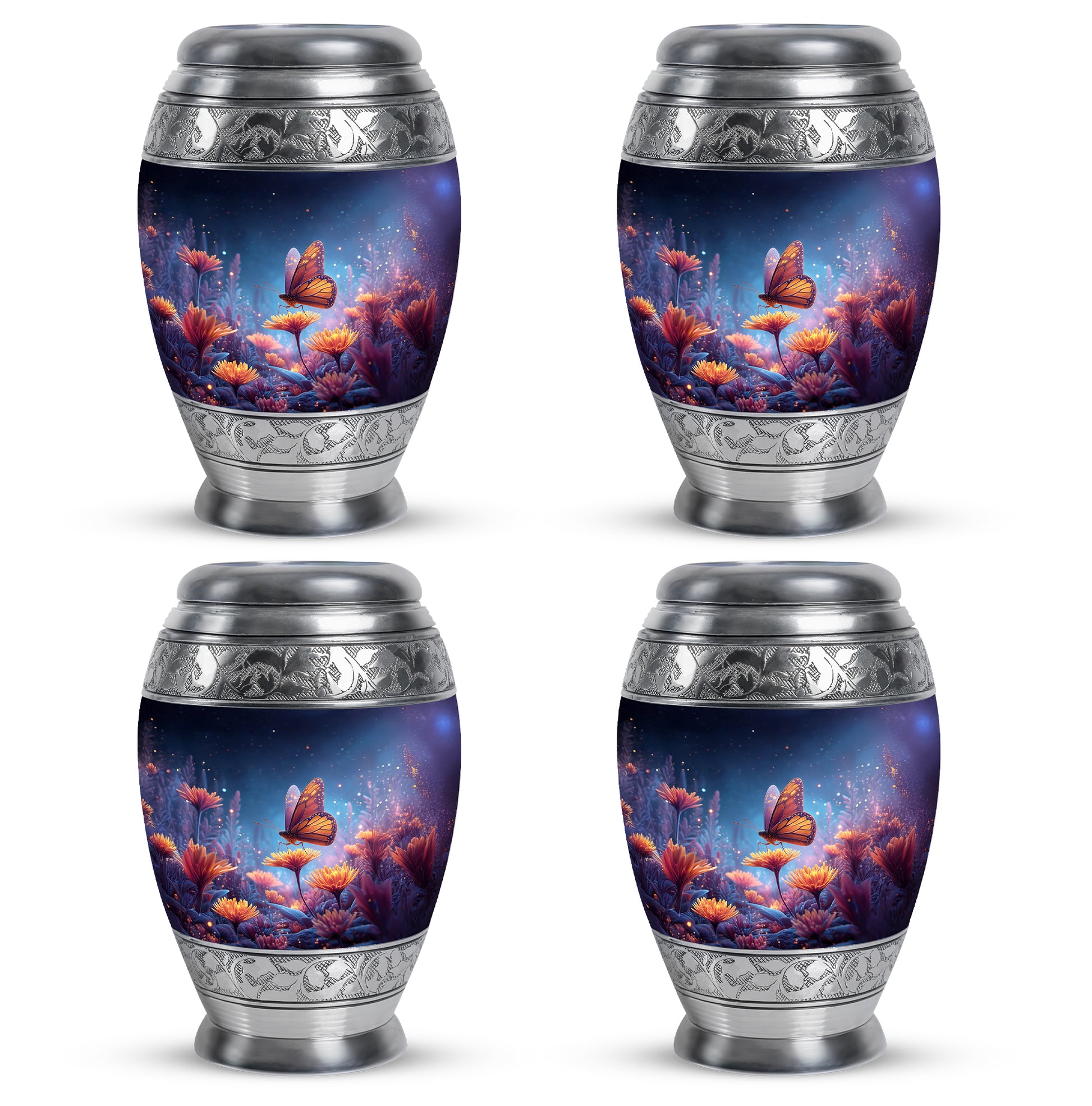 Bright Blue Butterfly Cremation Urn urn with complimentary velvet bag - majestic butterfly pattern with filigree border - 10 inch aluminum urn for cremated remains