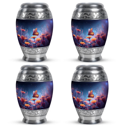 Bright Blue Butterfly Cremation Urn urn with complimentary velvet bag - majestic butterfly pattern with filigree border - 10 inch aluminum urn for cremated remains