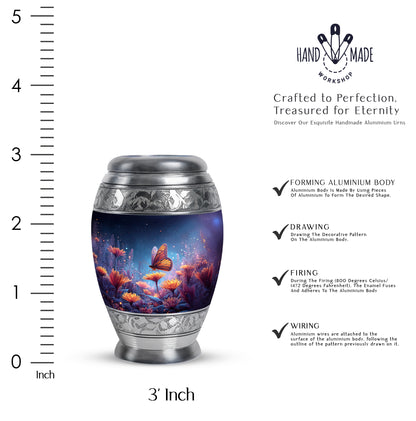 Cobalt Blue Butterfly Cremation Urn lifestyle display on memorial shelf - majestic butterfly pattern with filigree border - mini keepsake memorial for portion of cremation ashes