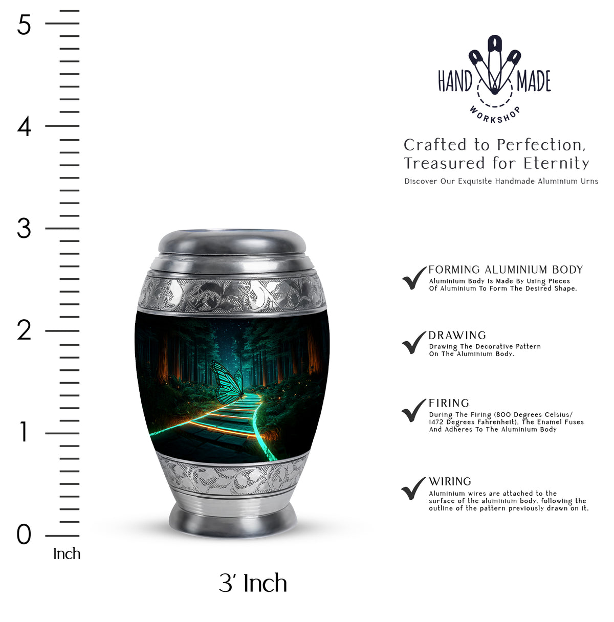 Charcoal Black Butterfly Cremation Urn lifestyle display on memorial shelf - royal butterfly engraving with decorative scrollwork - mini keepsake memorial for portion of cremation ashes