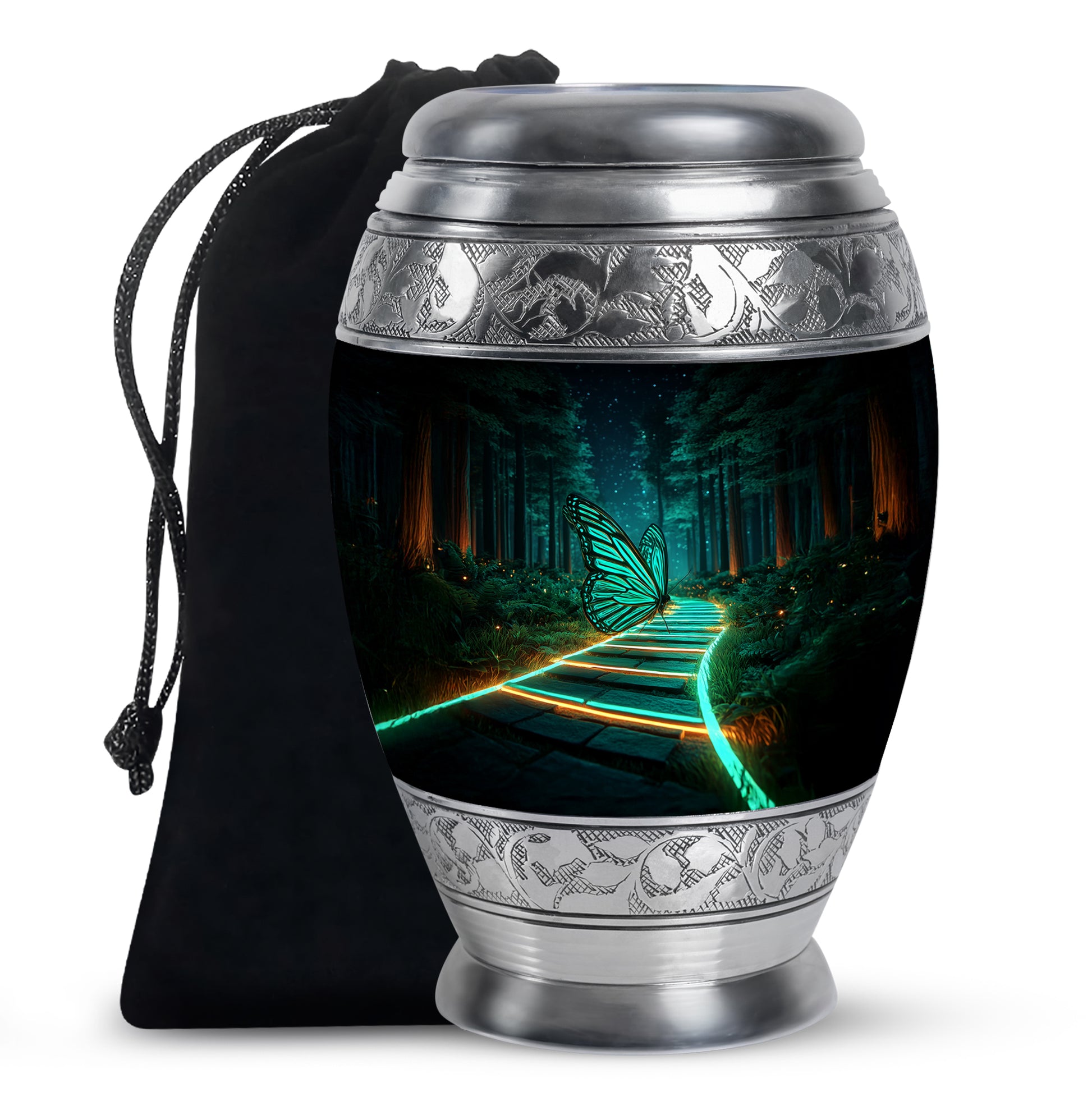 Deep Black Butterfly Cremation Urn back view with polished surface - regal butterfly design with crown-inspired accents - full-size 10 inch 200 cubic inch adult cremation urn