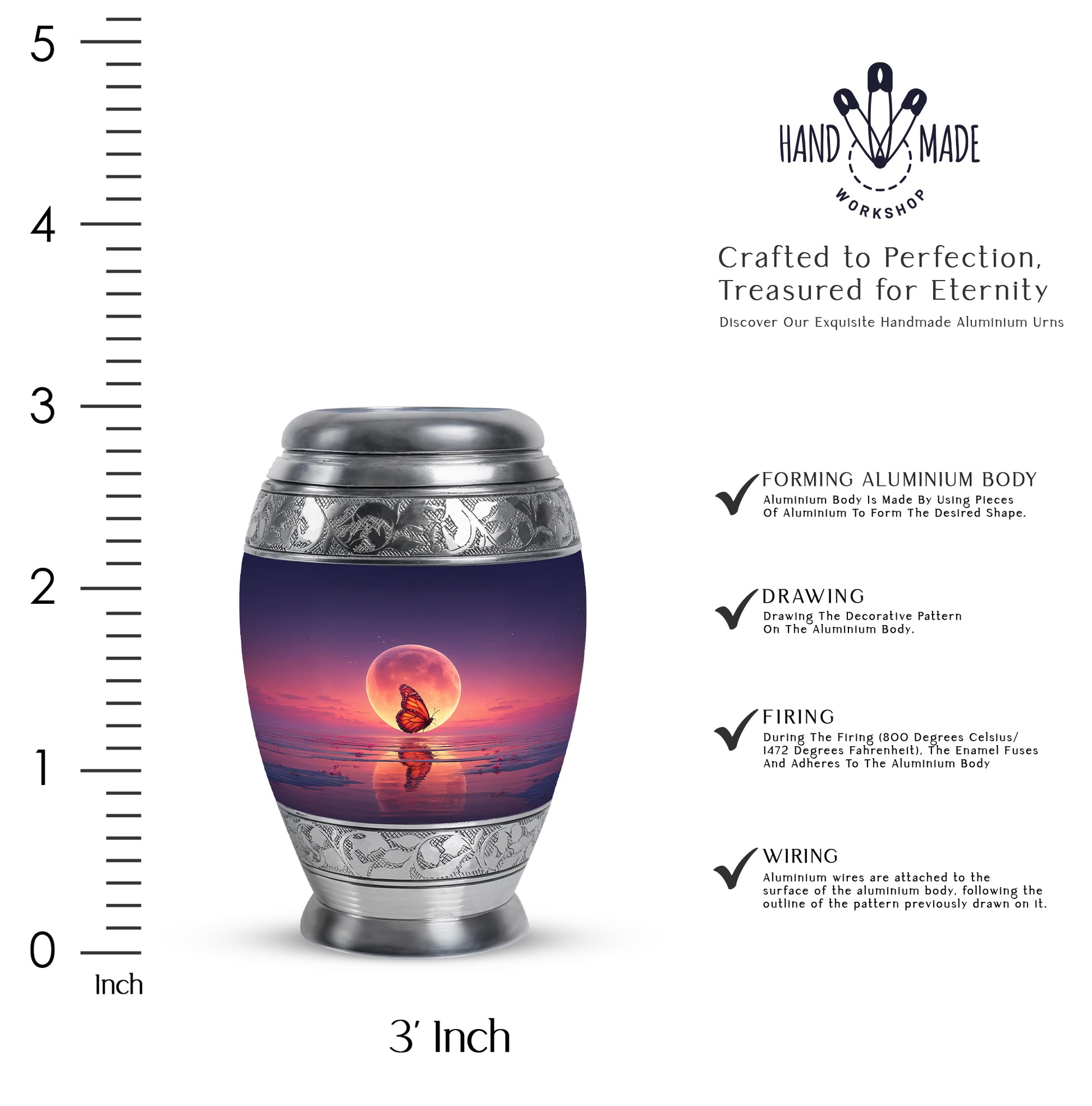 Steel Blue Butterfly Cremation Urn lifestyle display on memorial shelf - royal butterfly engraving with decorative scrollwork - mini keepsake memorial for portion of cremation ashes