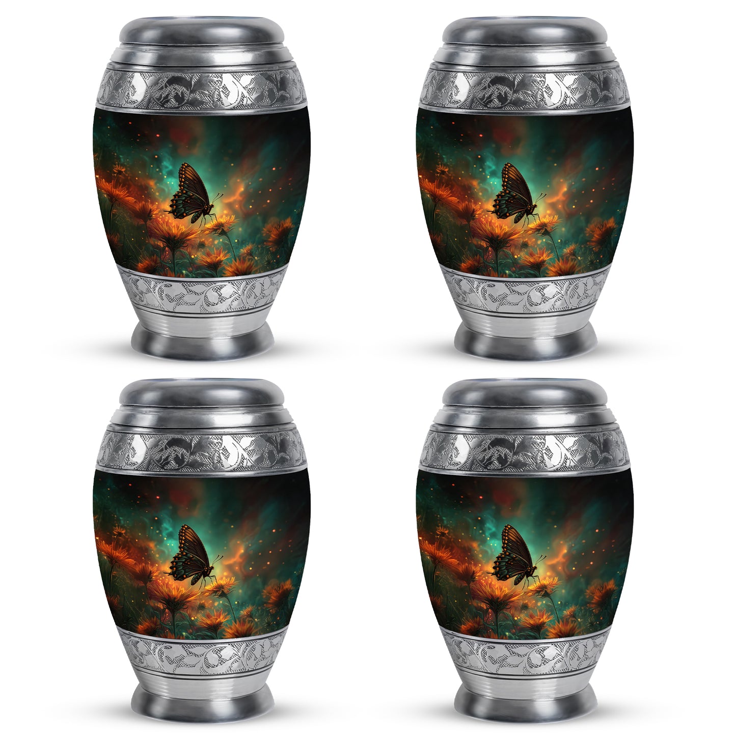 Cool Teal Butterfly Cremation Urn urn with complimentary velvet bag - ornate monarch-style butterfly relief on brushed aluminum - 10 inch aluminum urn for cremated remains