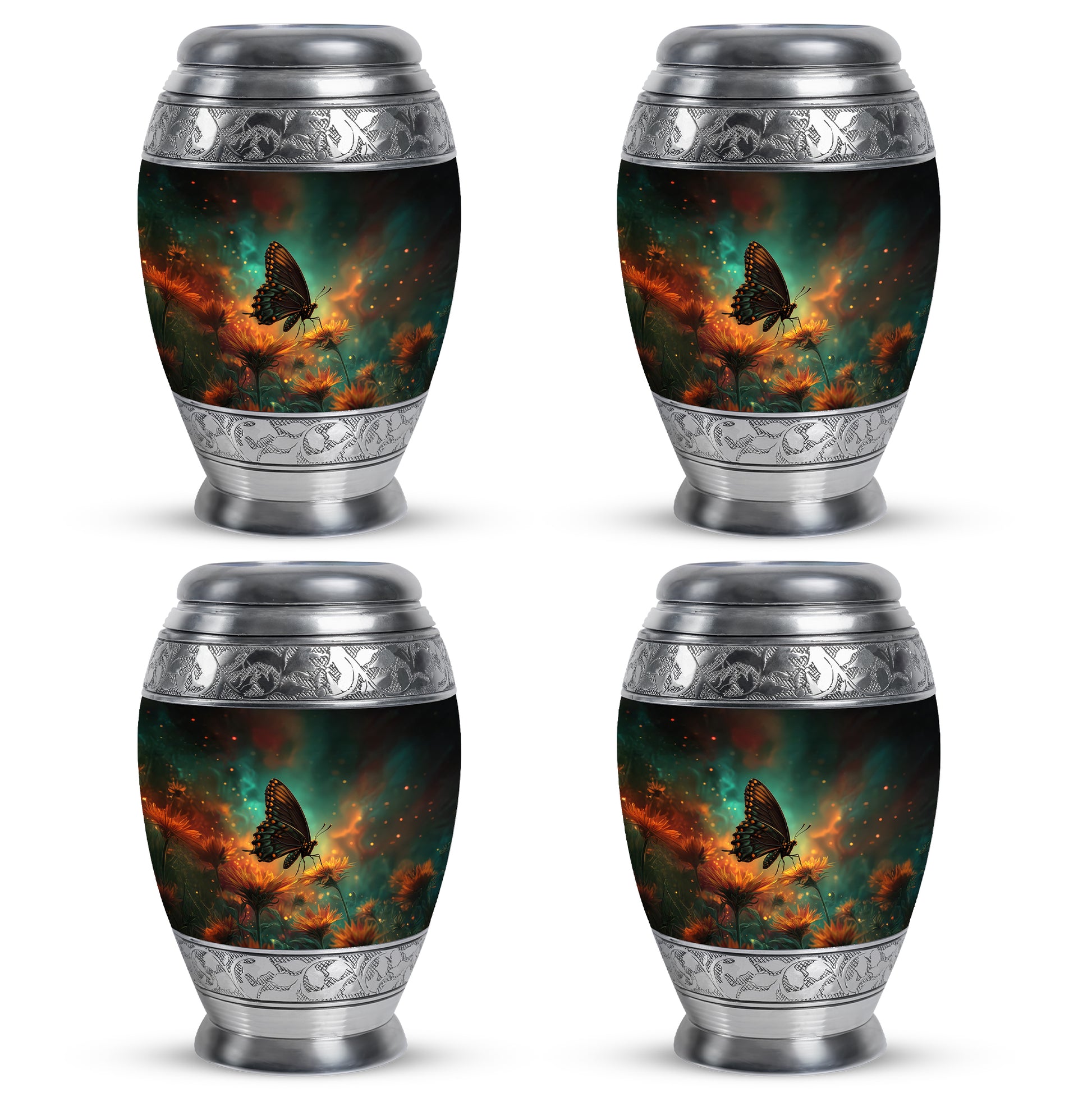 Cool Teal Butterfly Cremation Urn urn with complimentary velvet bag - ornate monarch-style butterfly relief on brushed aluminum - 10 inch aluminum urn for cremated remains