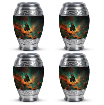 Cool Teal Butterfly Cremation Urn urn with complimentary velvet bag - ornate monarch-style butterfly relief on brushed aluminum - 10 inch aluminum urn for cremated remains
