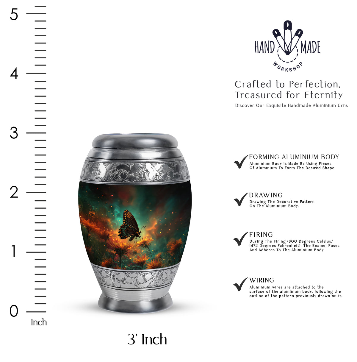 Cool Teal Butterfly Cremation Urn lifestyle display on memorial shelf - ornate monarch-style butterfly relief on brushed aluminum - mini keepsake memorial for portion of cremation ashes