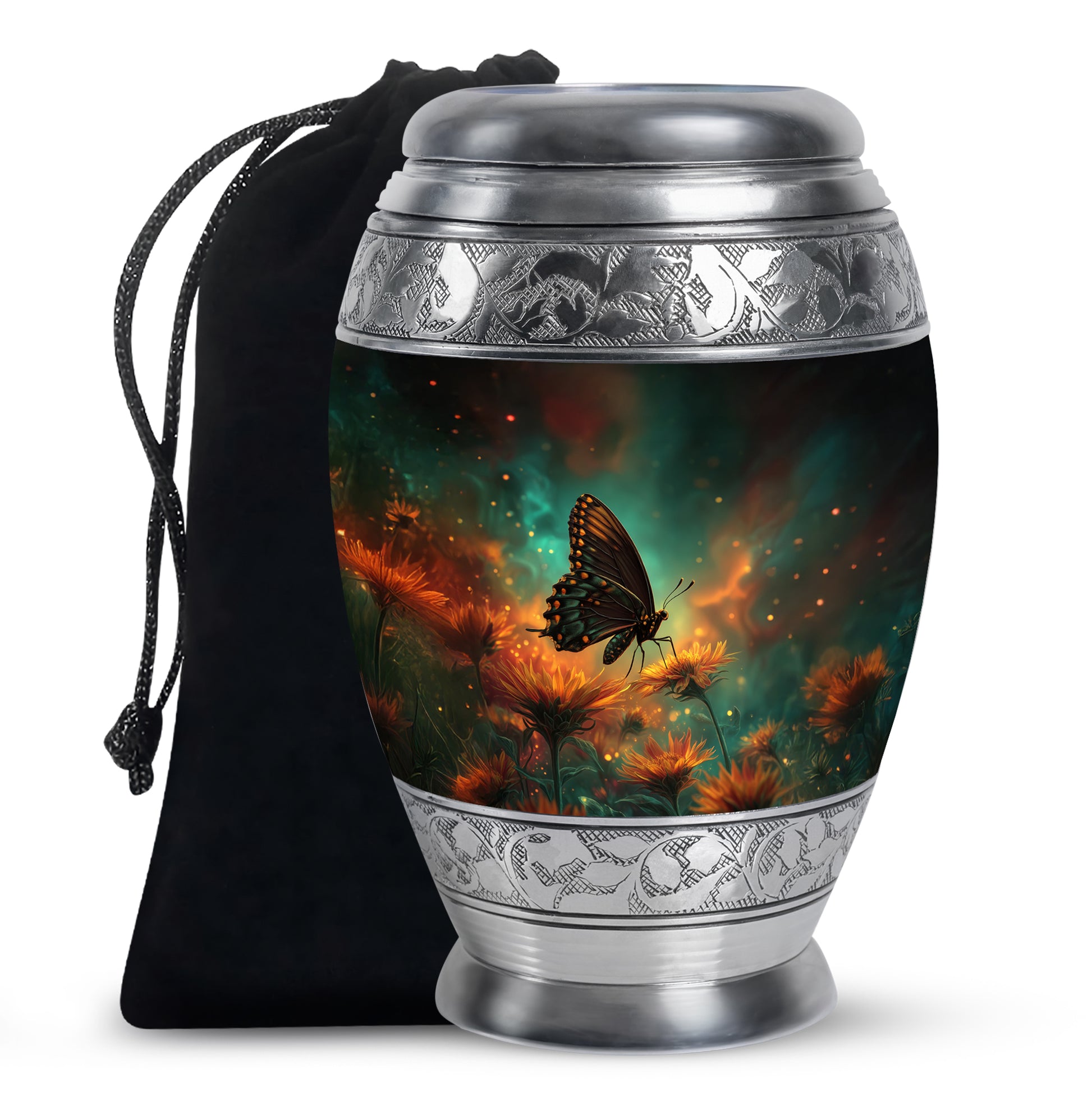 Tropical Teal Butterfly Cremation Urn back view with polished surface - royal butterfly engraving with decorative scrollwork - full-size 10 inch 200 cubic inch adult cremation urn