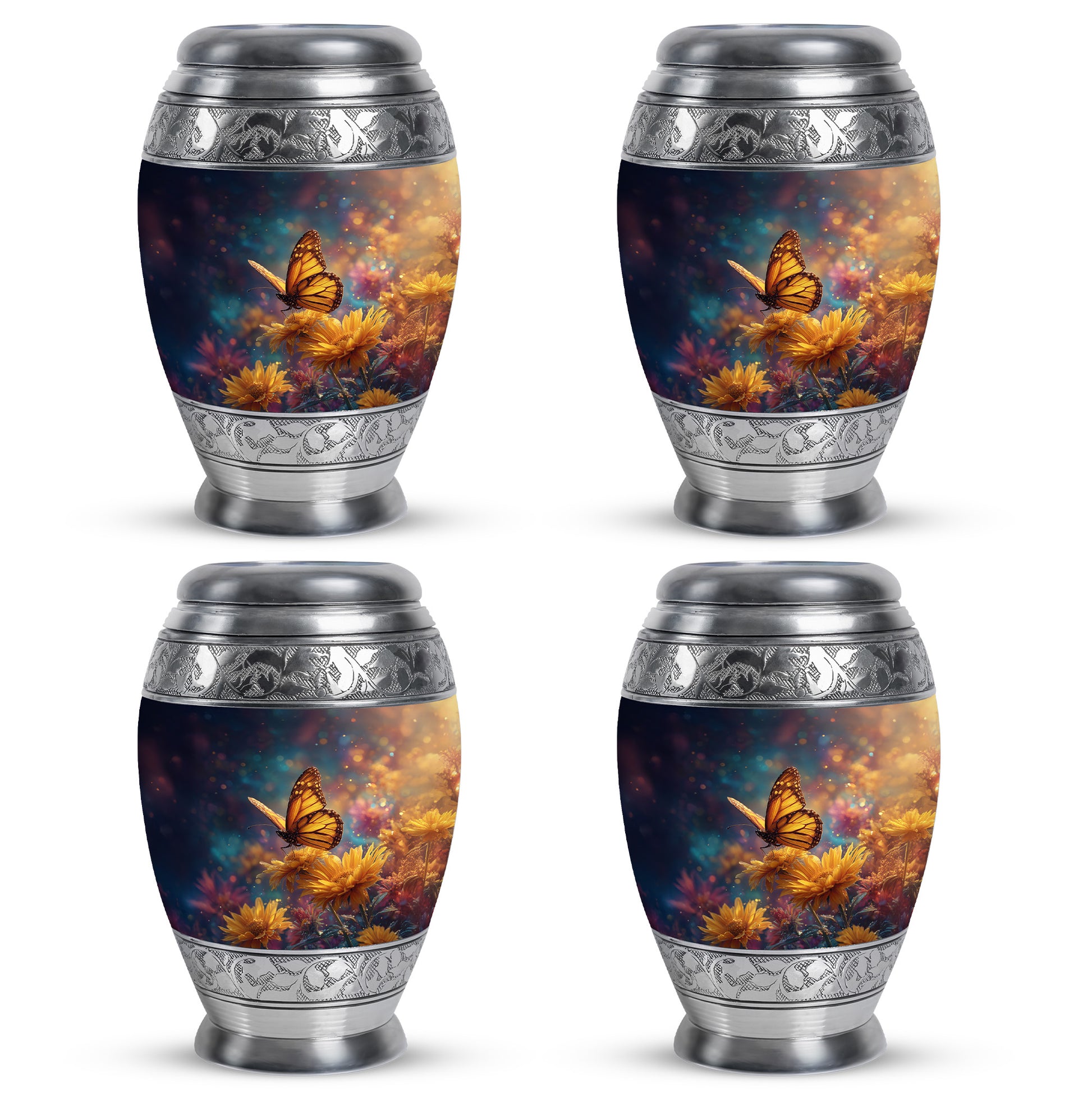 Indigo Butterfly Cremation Urn urn with complimentary velvet bag - regal butterfly design with crown-inspired accents - 10 inch aluminum urn for cremated remains