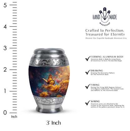 Royal Blue Butterfly Cremation Urn lifestyle display on memorial shelf - royal butterfly engraving with decorative scrollwork - mini keepsake memorial for portion of cremation ashes