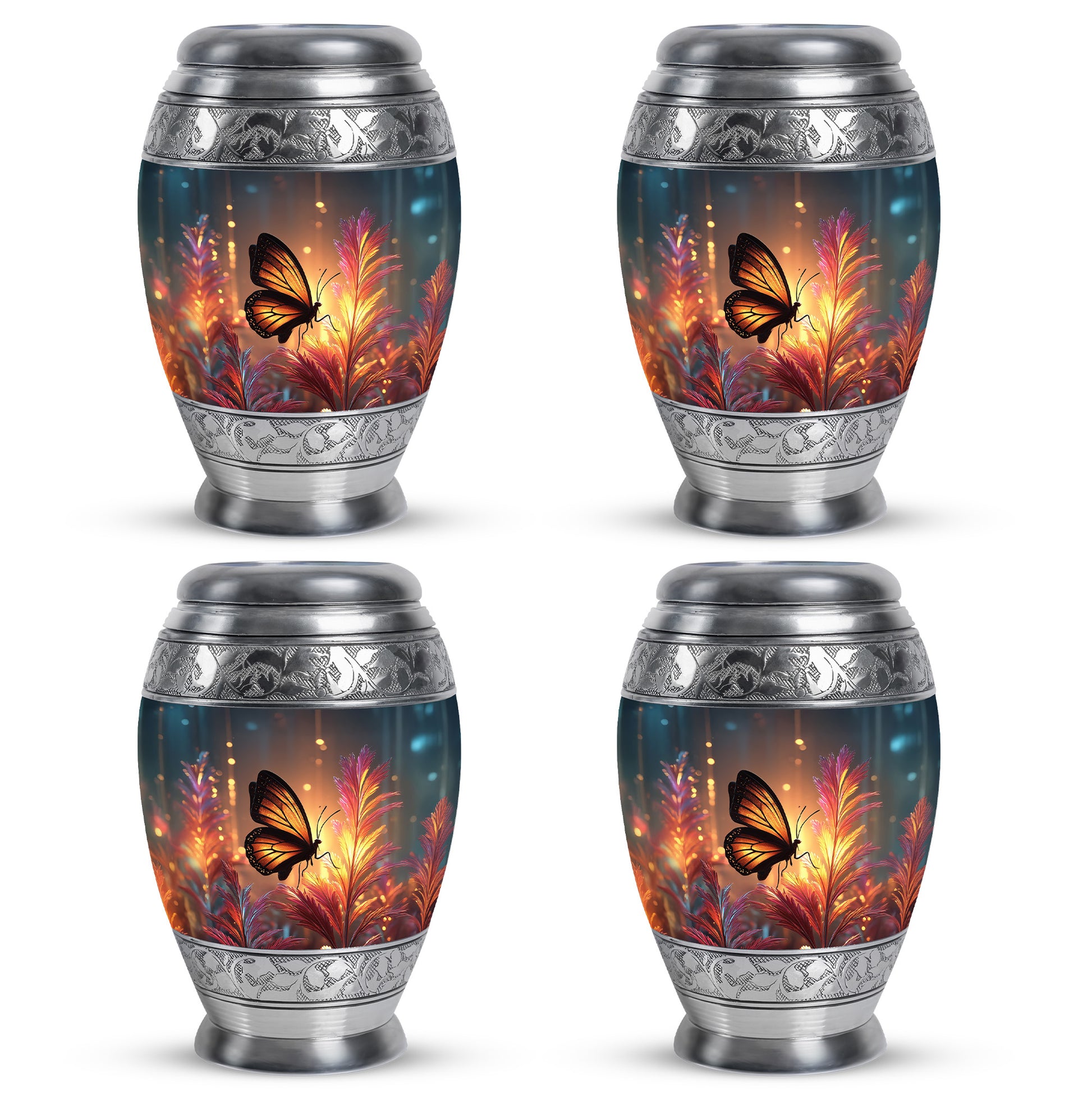 Sunrise Gold Butterfly Cremation Urn urn with complimentary velvet bag - regal butterfly design with crown-inspired accents - 10 inch aluminum urn for cremated remains