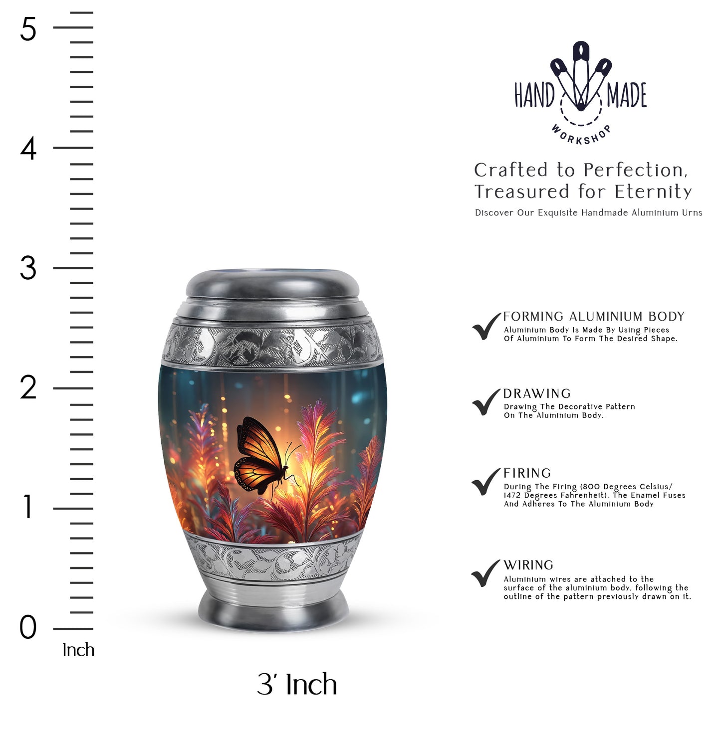 Harvest Gold Butterfly Cremation Urn lifestyle display on memorial shelf - royal butterfly engraving with decorative scrollwork - mini keepsake memorial for portion of cremation ashes