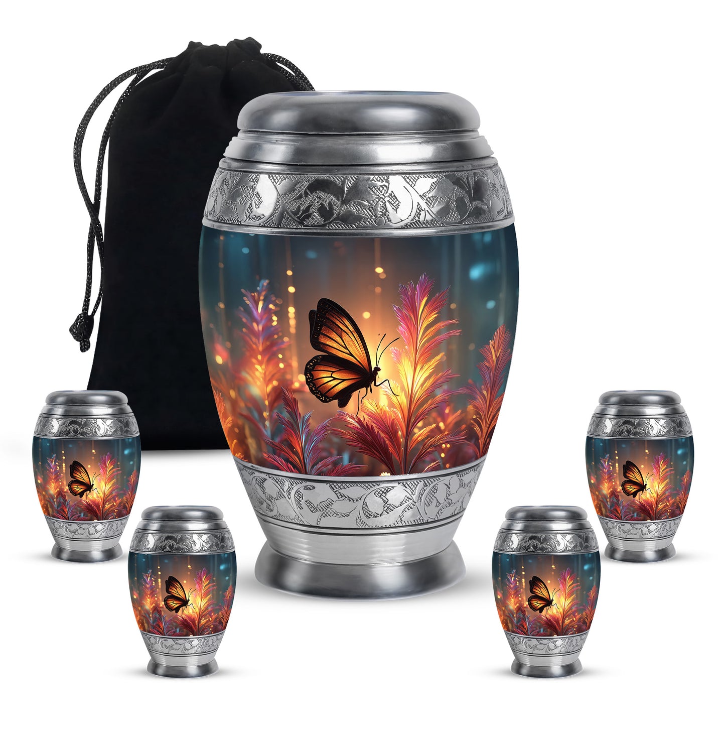 Sunrise Gold Butterfly Cremation Urn detail view - regal butterfly design with crown-inspired accents - memorial set with one large and four small urns