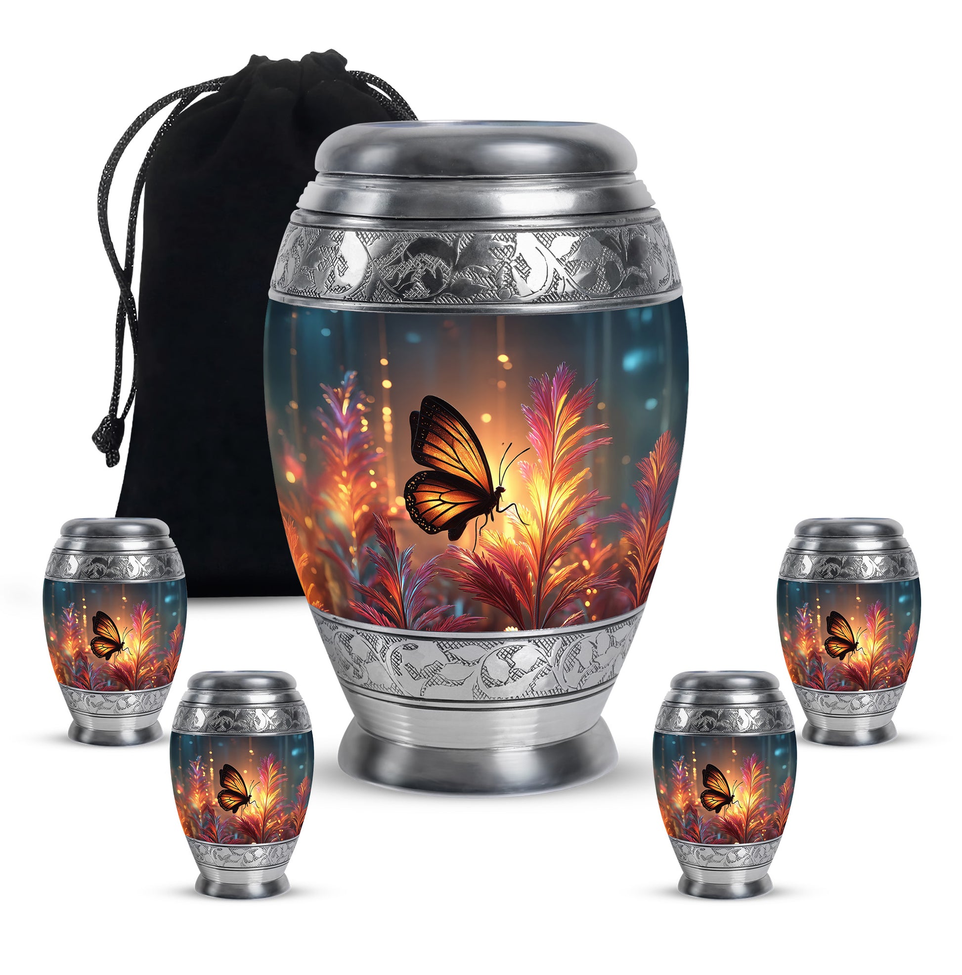 Sunrise Gold Butterfly Cremation Urn detail view - regal butterfly design with crown-inspired accents - memorial set with one large and four small urns