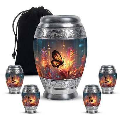 Sunrise Gold Butterfly Cremation Urn detail view - regal butterfly design with crown-inspired accents - memorial set with one large and four small urns