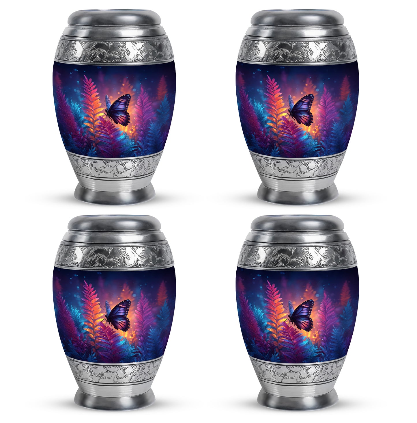 Royal Blue Butterfly Cremation Urn urn with complimentary velvet bag - majestic butterfly pattern with filigree border - 10 inch aluminum urn for cremated remains