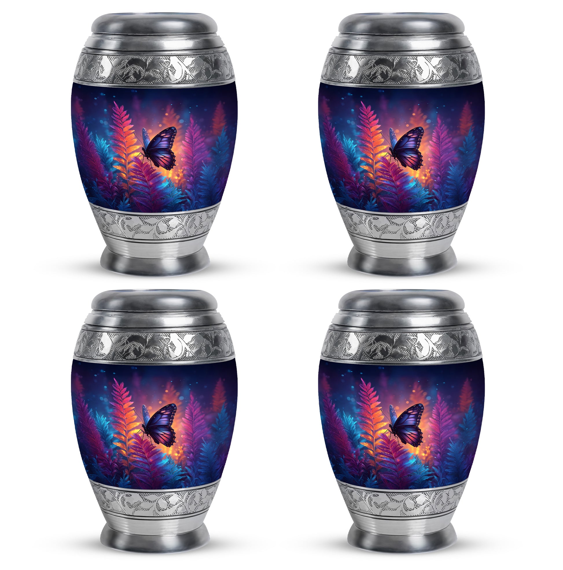 Royal Blue Butterfly Cremation Urn urn with complimentary velvet bag - majestic butterfly pattern with filigree border - 10 inch aluminum urn for cremated remains