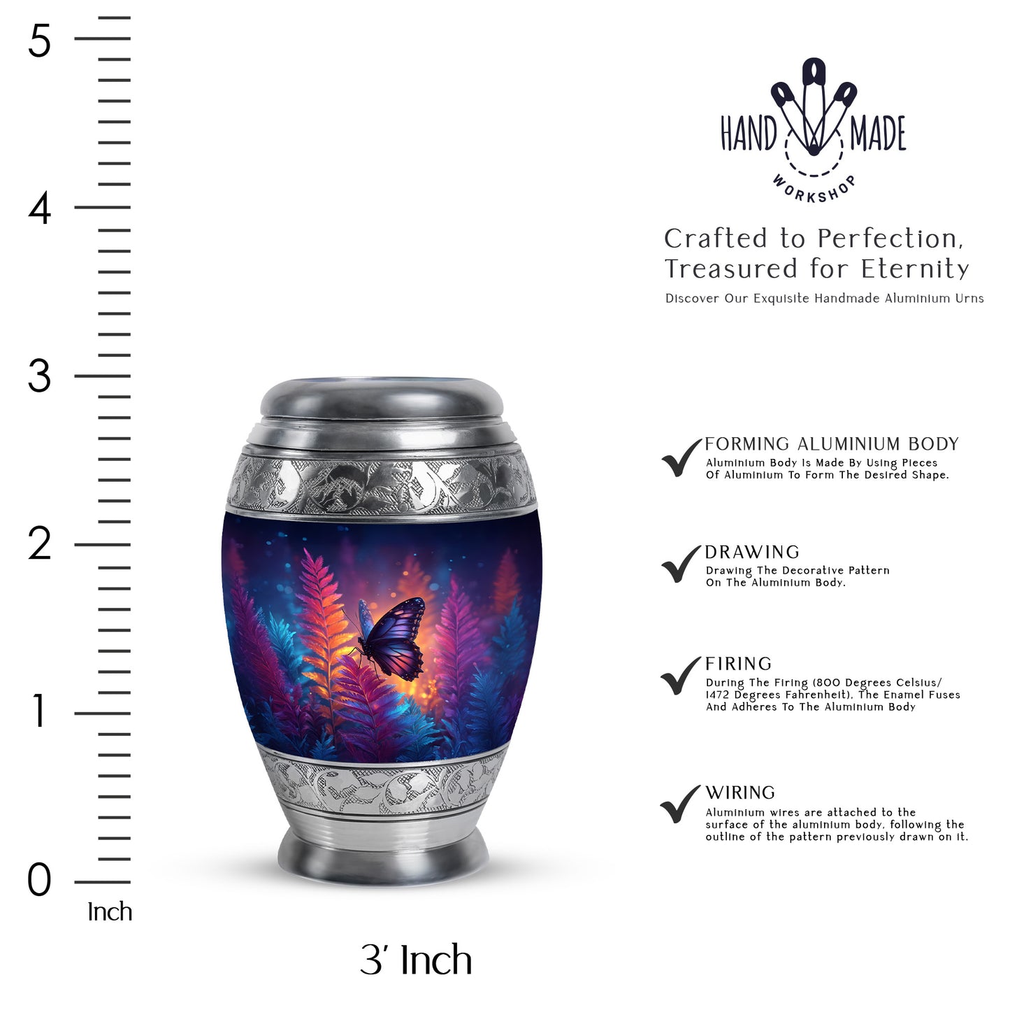 Sky Blue Butterfly Cremation Urn lifestyle display on memorial shelf - ornate monarch-style butterfly relief on brushed aluminum - mini keepsake memorial for portion of cremation ashes