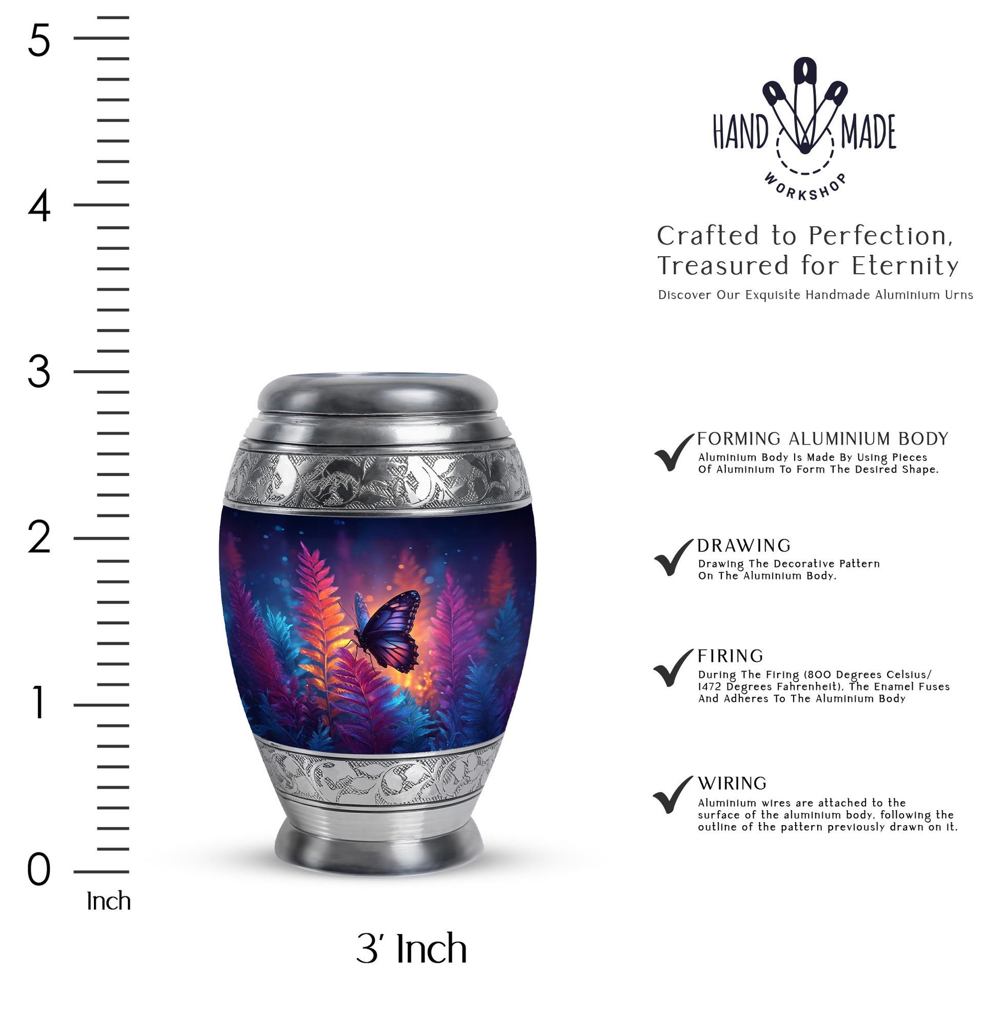 Sky Blue Butterfly Cremation Urn lifestyle display on memorial shelf - ornate monarch-style butterfly relief on brushed aluminum - mini keepsake memorial for portion of cremation ashes