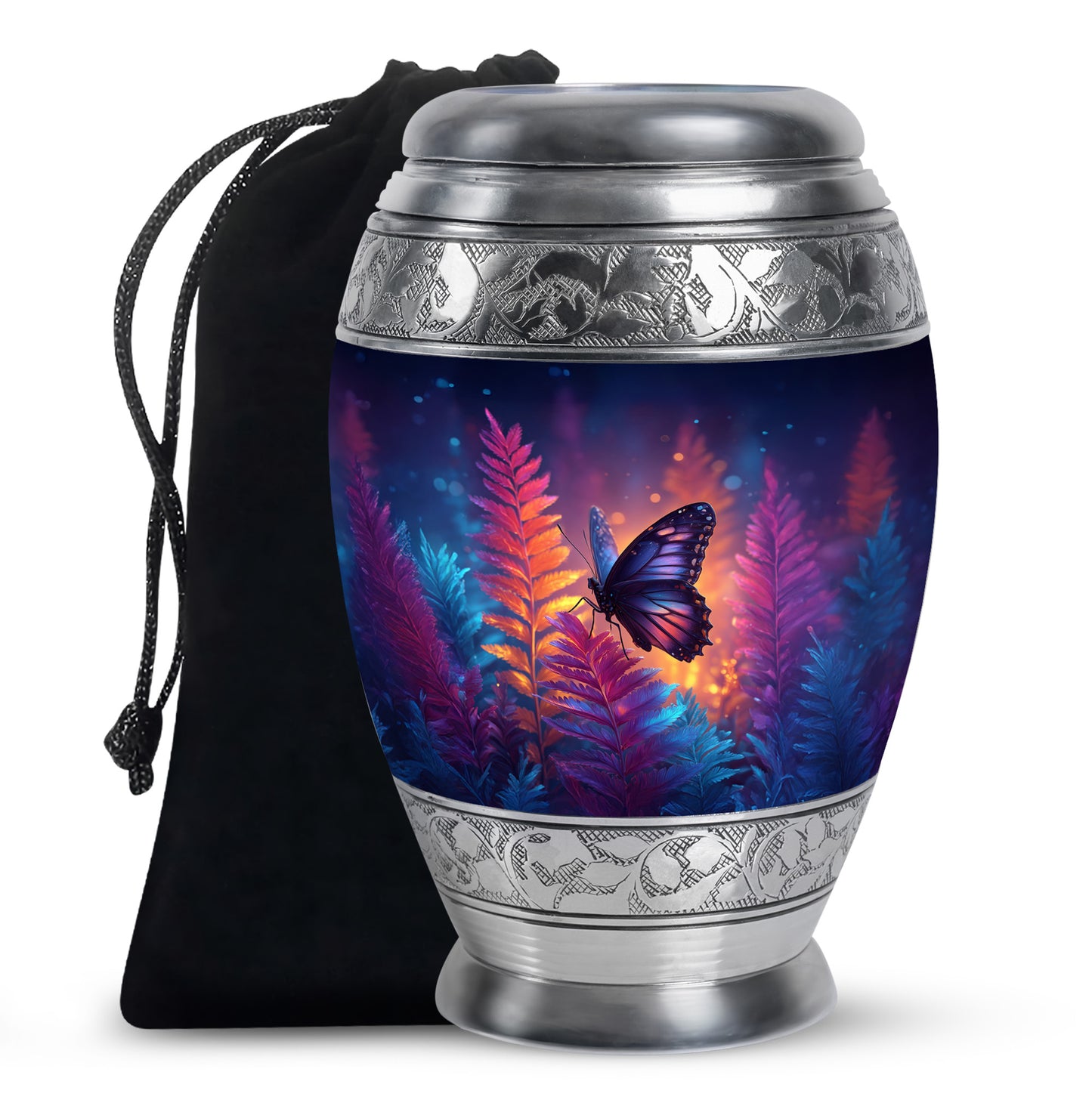 Bright Blue Butterfly Cremation Urn back view with polished surface - royal butterfly engraving with decorative scrollwork - full-size 10 inch 200 cubic inch adult cremation urn