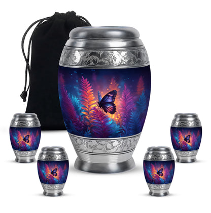 Cornflower Blue Butterfly Cremation Urn detail view - majestic butterfly pattern with filigree border - memorial set with one large and four small urns