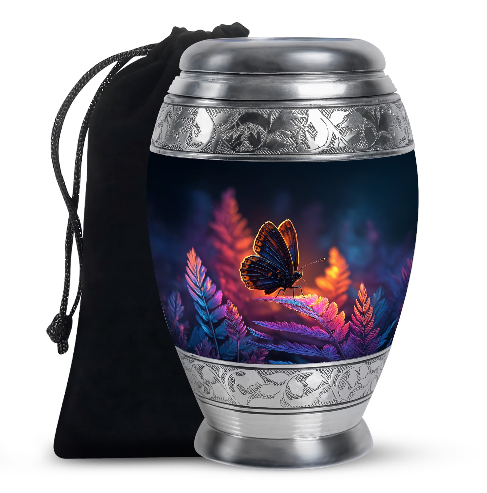 Powder Blue Butterfly Cremation Urn back view with polished surface - ornate monarch-style butterfly relief on brushed aluminum - full-size 10 inch 200 cubic inch adult cremation urn