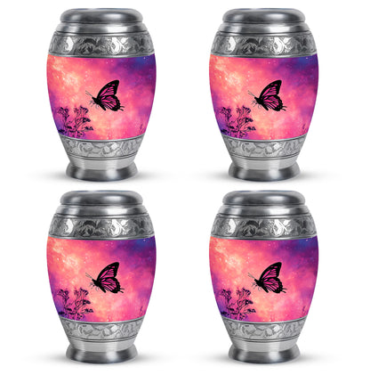 Peony Pink Butterfly Cremation Urn urn with complimentary velvet bag - ornate monarch-style butterfly relief on brushed aluminum - 10 inch aluminum urn for cremated remains