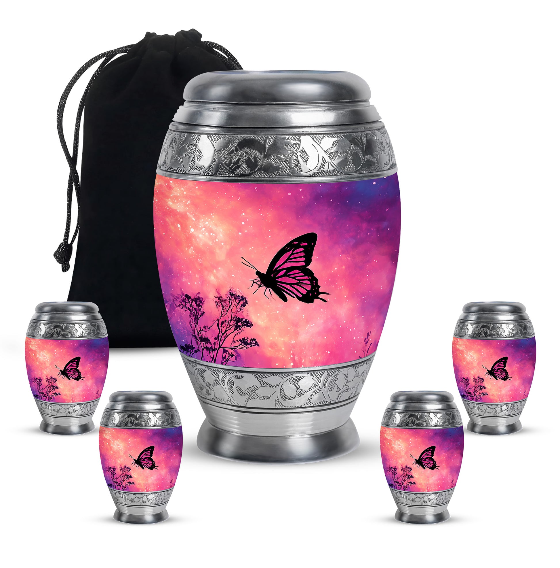Blush Pink Butterfly Cremation Urn detail view - ornate monarch-style butterfly relief on brushed aluminum - memorial set with one large and four small urns