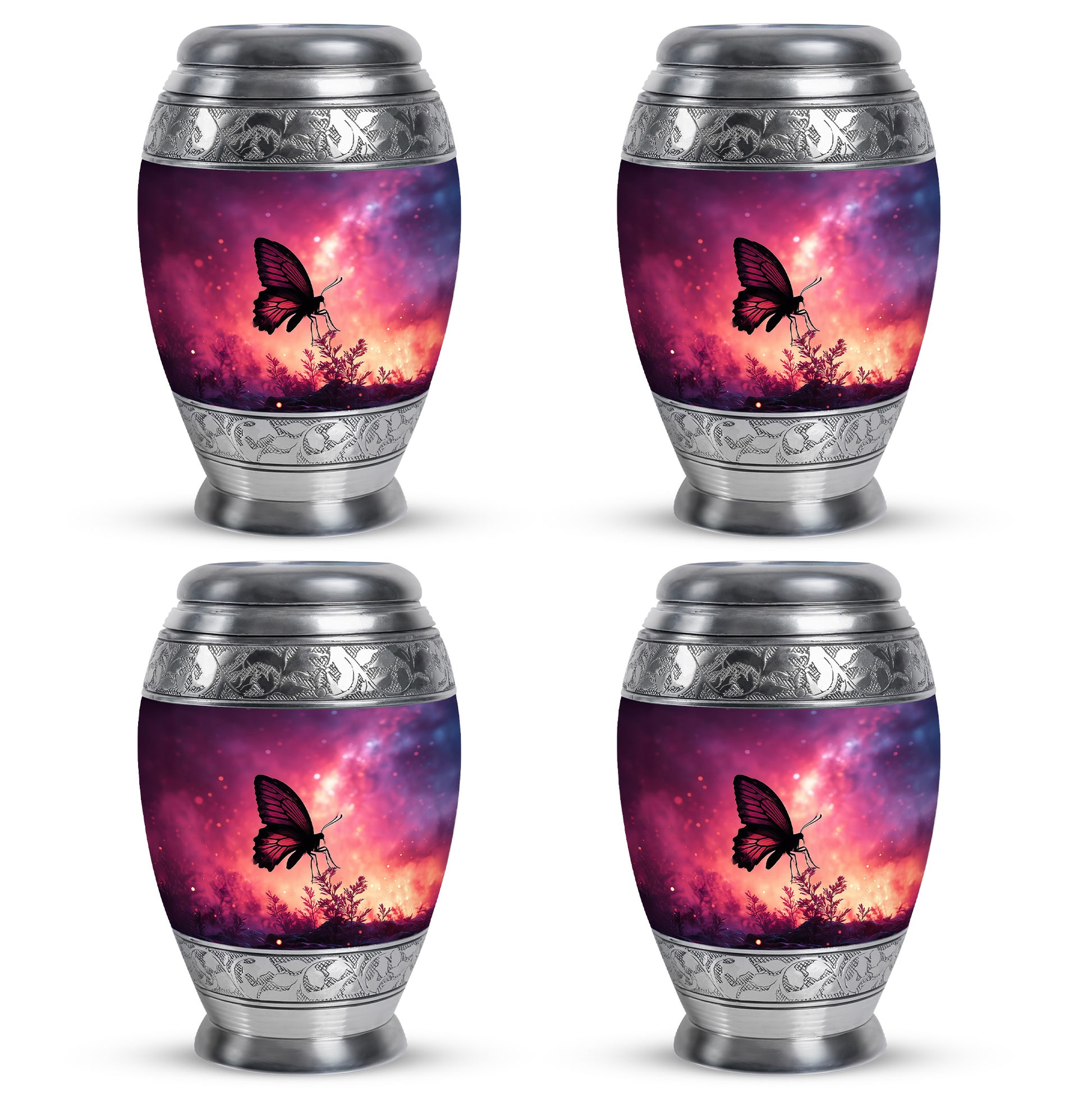 Soft Pink Butterfly Cremation Urn urn with complimentary velvet bag - royal butterfly engraving with decorative scrollwork - 10 inch aluminum urn for cremated remains