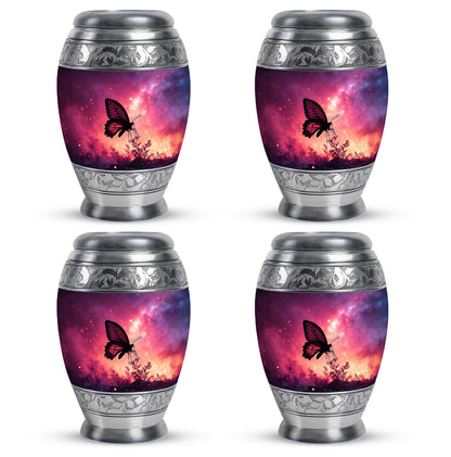 Soft Pink Butterfly Cremation Urn urn with complimentary velvet bag - royal butterfly engraving with decorative scrollwork - 10 inch aluminum urn for cremated remains