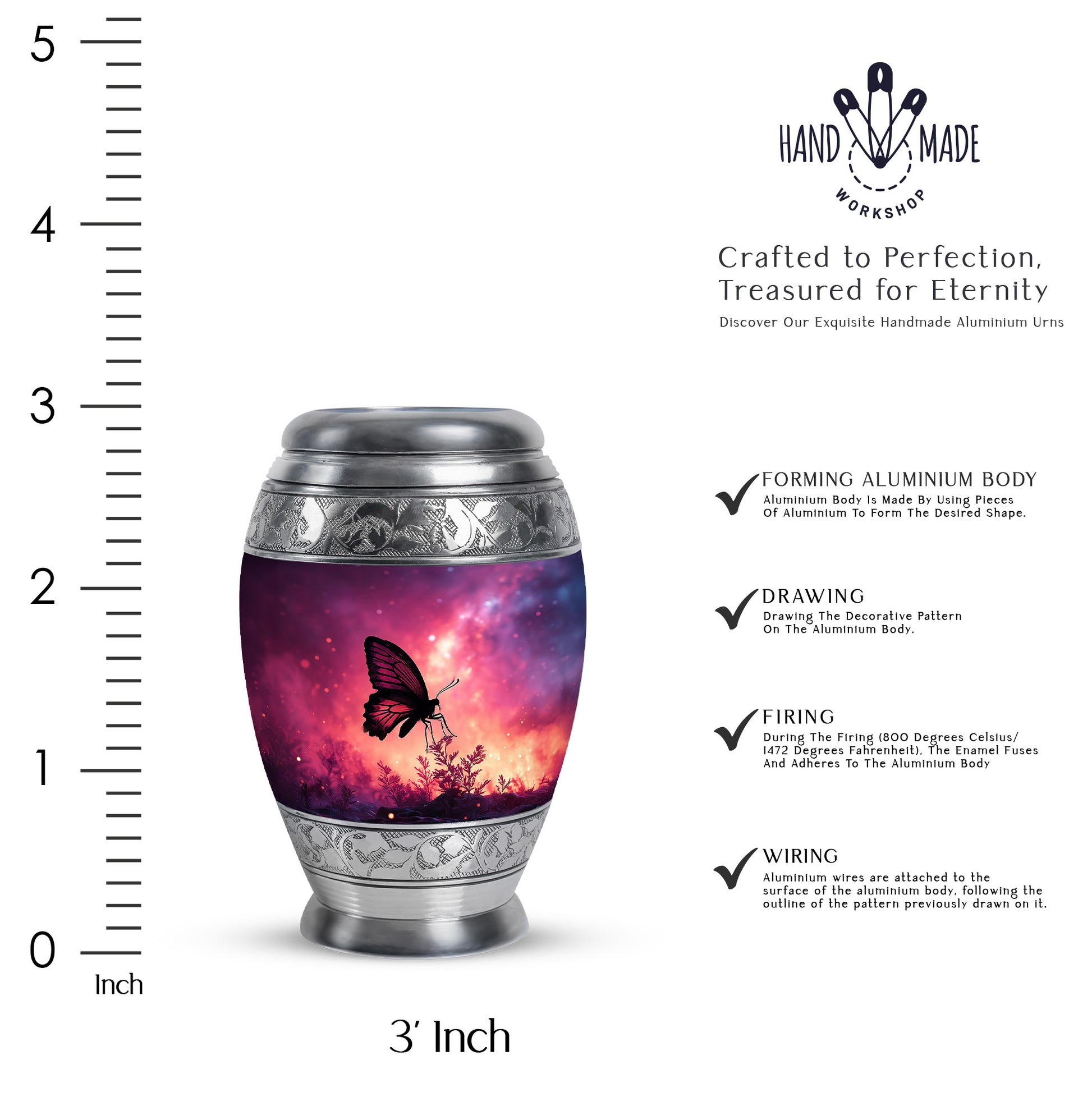 Rose Pink Butterfly Cremation Urn lifestyle display on memorial shelf - regal butterfly design with crown-inspired accents - mini keepsake memorial for portion of cremation ashes